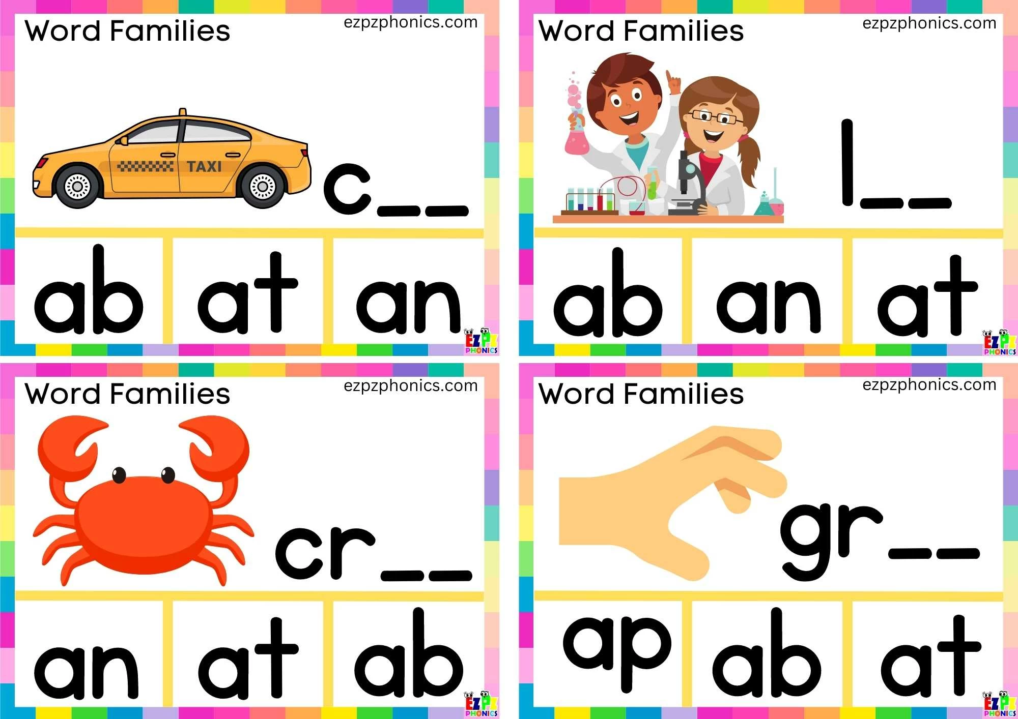 ab Word Family Finish the Word and Clip the Correct Letters. Clip Card Activity for Kids Set 1